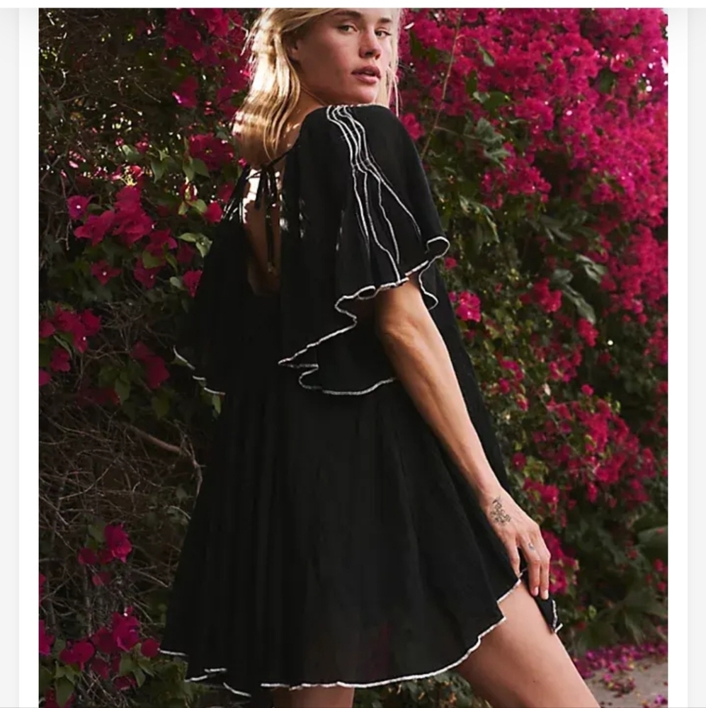 Free People Joelle black billowy flutter sleeve babydoll Mini Dress size large